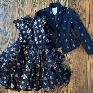 Elegant Navy Floral Kids Dress and Blazer Set